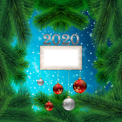 Christmas background with Christmas tree branches and Christmas decorations. Merry christmas card, banner. Theme of winter holidays. Happy New Year. Space for text