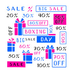 Neon colored set of stickers of Big Sale, percents and Boxing Day. Hand-drawn collectoion. Vector illustration.