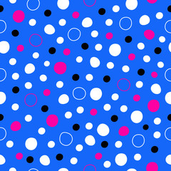 Seamless pattern of white dots, snowfall, blue, red and black confetti. Hand drawn collection. Vector illustration.