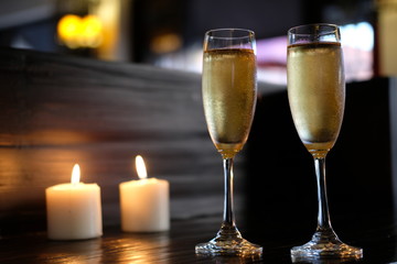 close up glass of champagne on bar counter