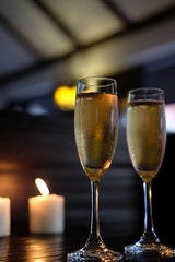 close up glass of champagne on bar counter
