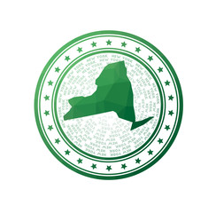 Flat low poly stamp of New York. Polygonal New York badge. Trendy vector logo of the US state.