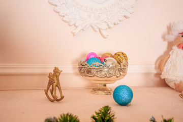 New Year's decor of a living room. Christmas. Holiday room decorations.