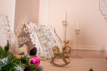 New Year's decor of a living room. Christmas. Holiday room decorations.