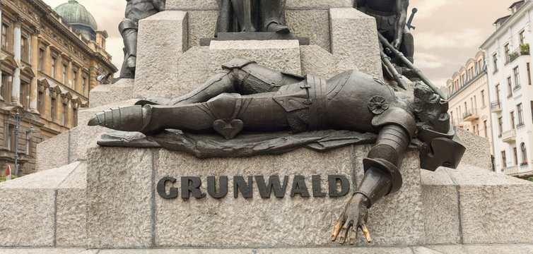 Krakow, Poland - August 7, 2017:The Grunwald monument was erected in 1910 in Matejki square for the 500th anniversary of the battle in which the Polish army won the victory over the Teutonic Order