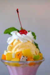 close up vanilla ice cream on table background