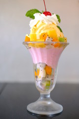 close up vanilla ice cream on table background