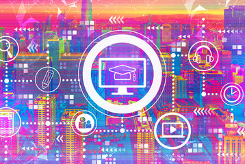 E-learning concept with downtown San Francisco skyline buildings