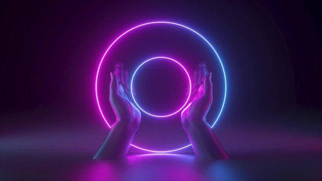 3d hands isolated on black background, holding glowing rings. Blank round frame with copy space. Neon light. Abstract fashion concept.