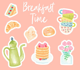Watercolor cute set of Tea and Sweets elements - kettle, cookie, tea, cake, teapots, pancakes and other tasty food and drinks. Tea Time and Breakfast Time collection.