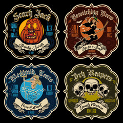 Fototapeta premium Halloween funny potion sticker-labels. Vector illustrated set of Halloween badges for beverages and cocktails. 