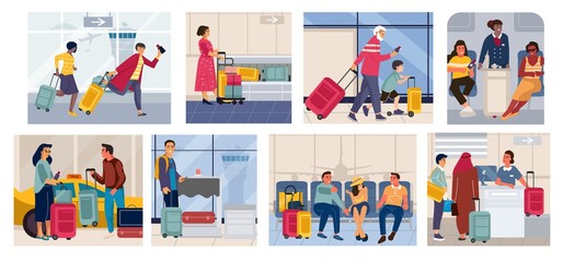 Tourists on vacation. Cartoon scenes with families and couples in different travel situations. Vector illustration characters going on journey running on airport terminal with baggage arriving by taxi