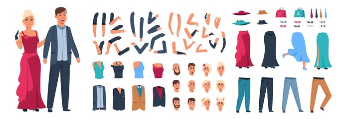 Character constructor. Happy man and woman animation kit with casual clothes with different body parts and poses. Vector illustration style guy and girl with sad emotions face set on white background