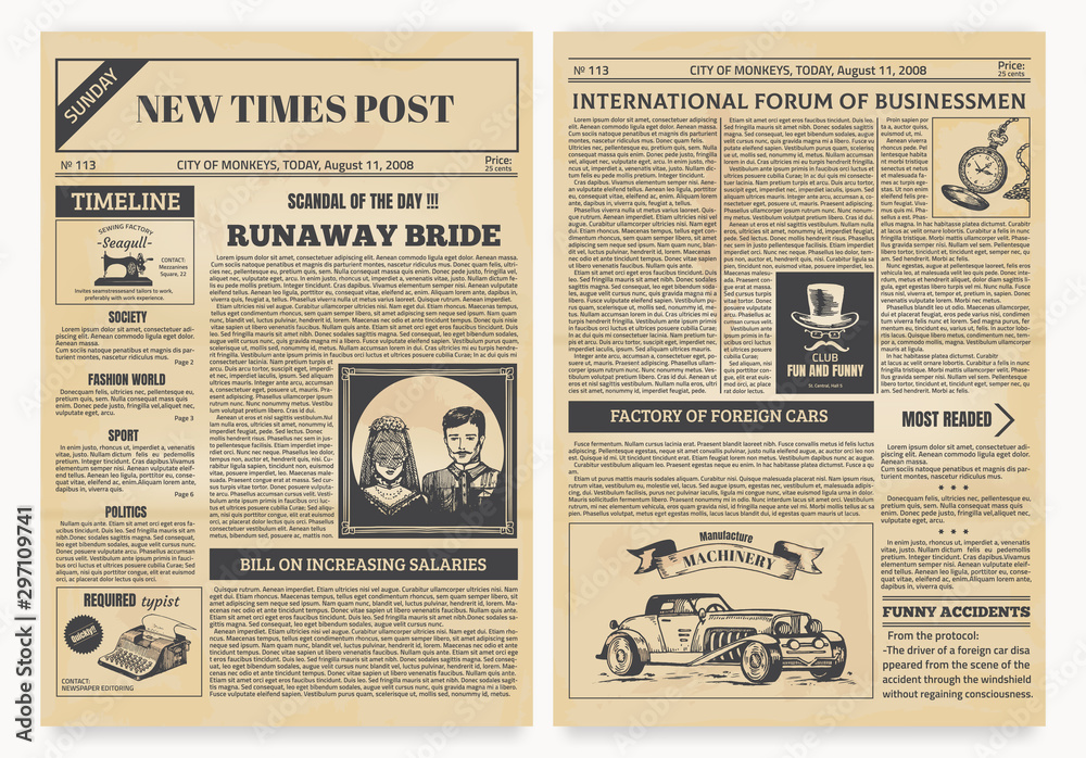 Wall mural vintage newspaper. retro articles and old pictures with retro illustrations, realistic magazine page