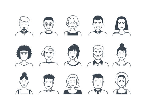 Avatar line icons. Male and female hand drawn cartoon persons, flat boys and girls doodle characters. Vector modern illustration trendy silhouette man with different haircut and face expression set