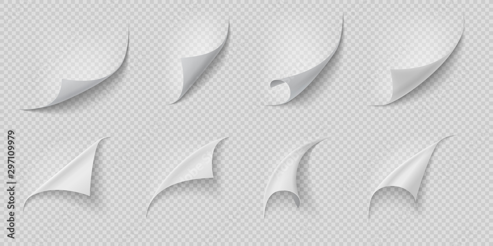 Poster Curled page corner. Folded and rolled paper corner set isolated on transparent background. Vector isolated white curling book page or twisted leaves like peel effect set