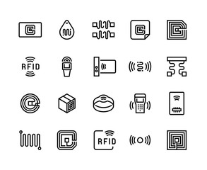 Radio tag line icons. Wireless RFID chip and radio-frequency identification, wireless antenna and electric circuit. Vector illustration set tagging electronics semiconductors sound equipment