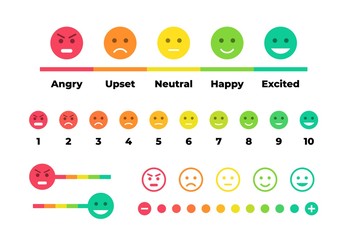 Satisfaction rating. Feedback scale with emoticon faces, bad to good user experience. Vector set of emoticons with different moods for feedback with customer using with signs
