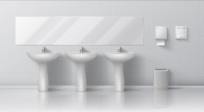 Realistic public toilet. Modern 3D interior mockup with white ceramic multiple sinks with washbasin, big glass mirror on wall and hand dryer. Vector tiling toilet image