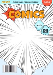 Comics magazine cover. Comic book superhero title page illustration. Cartoon image pop art halftone dot vector design concept