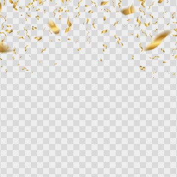 Gold shiny confetti. Golden falling glitter serpentine. Realistic yellow decoration vector effect on transparent background for celebrating birthday, decor festive event