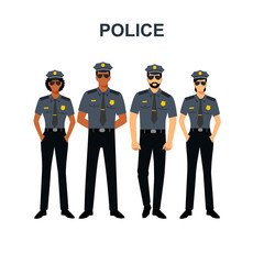 Policeman with different skin colors of men and women. Cops African Americans and Europeans isolated on the white background.