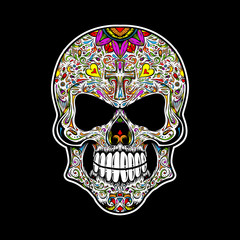 Sugar skull. Human skull with traditional floral ornament in Mexican style. 