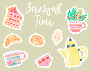 Watercolor cute set of Tea and Sweets elements - kettle, cookie, tea, cake, teapots, pancakes and other tasty food and drinks. Tea Time and Breakfast Time collection.