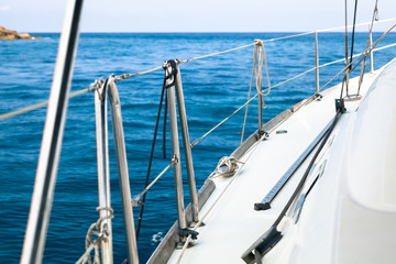 Naklejka na ściany i meble White sailing yacht deck with railings