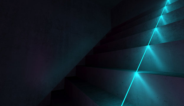 Concrete stairs and blue neon light line, 3d © evannovostro