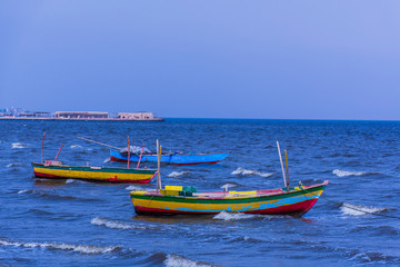Fototapeta na wymiar Fishing boats in Lake Qaroun in Egypt