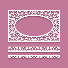 Rectangle frame with cutout floral swirls and seamless border patterns. Elegant lace decoration for greeting card or wedding invitation design. Ornamental template for laser cutting. 