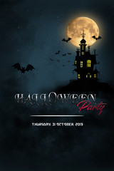 Halloween Concept with moon, star, castle and bat in Fantasy Night on poster template.