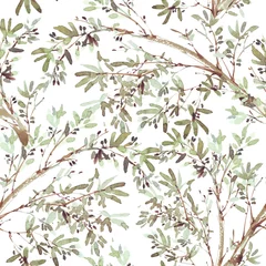 Wall murals Watercolor set 1 Olive branch seamless pattern in watercolor style isolated on white background. Botanical illustration. Mediterranean nature plant wallpaper, textile print.