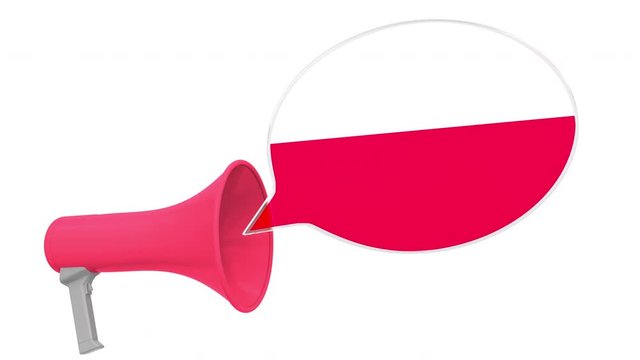 Megaphone and flag of Poland on the speech bubble. Language or national statement related conceptual 3D animation