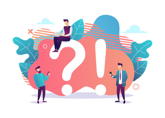 Informative Poster Inscription have a Questions? Office Organizational Needs. People looking for Information on Subject in Laptop and Smartphone. Vector Illustration
