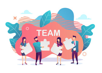 Business concept. Team metaphor. people connecting puzzle elements. Flat design style. Symbol of teamwork, cooperation, partnership. Vector illustration