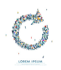 Refresh arrow. Large group of business people, workers, family members and students organised into symbols. Collection of icons made of little busy people.