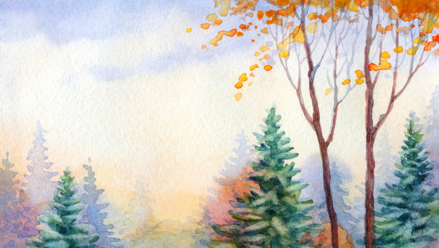 Watercolor landscape. Winter in the forest