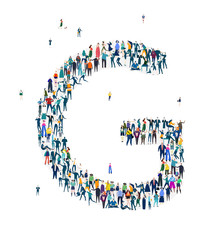  Alphabet, typeface, letter G. Large group of business people, workers, family members and students organised into letter. Collection of icons made of little busy people.