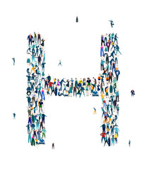  Alphabet, typeface, letter H. Large group of business people, workers, family members and students organised into letter. Collection of icons made of little busy people.