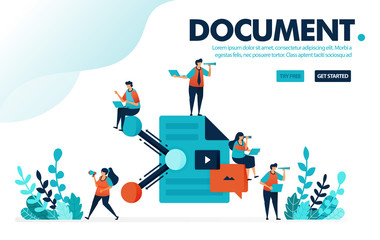 Vector illustration concept of document sharing. People share work documents and paperwork. Sharing and collaboration at work. Designed for landing page, web, banner, template, background, flyer