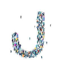  Alphabet, typeface, letter J. Large group of business people, workers, family members and students organised into letter. Collection of icons made of little busy people.