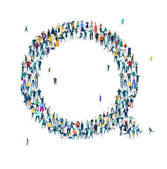  Alphabet, typeface, letter Q. Large group of business people, workers, family members and students organised into letter. Collection of icons made of little busy people.