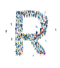  Alphabet, typeface, letter R. Large group of business people, workers, family members and students organised into letter. Collection of icons made of little busy people.