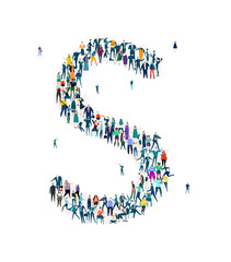  Alphabet, typeface, letter S. Large group of business people, workers, family members and students organised into letter. Collection of icons made of little busy people.