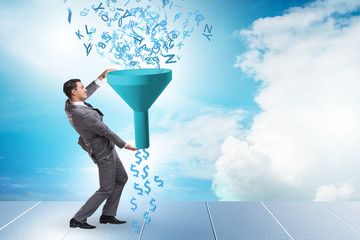 Data monetization concept with funnel and businessman