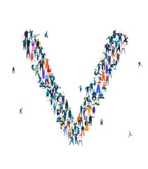  Alphabet, typeface, letter V. Large group of business people, workers, family members and students organised into letter. Collection of icons made of little busy people.