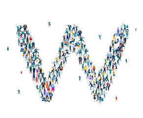  Alphabet, typeface, letter W. Large group of business people, workers, family members and students organised into letter. Collection of icons made of little busy people.