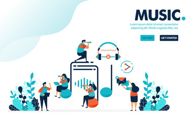 Vector illustration music & entertainment. People around on music sign and earphone. Listen, create and share music with social media. Designed for landing page, web, banner, template, flyer, poster